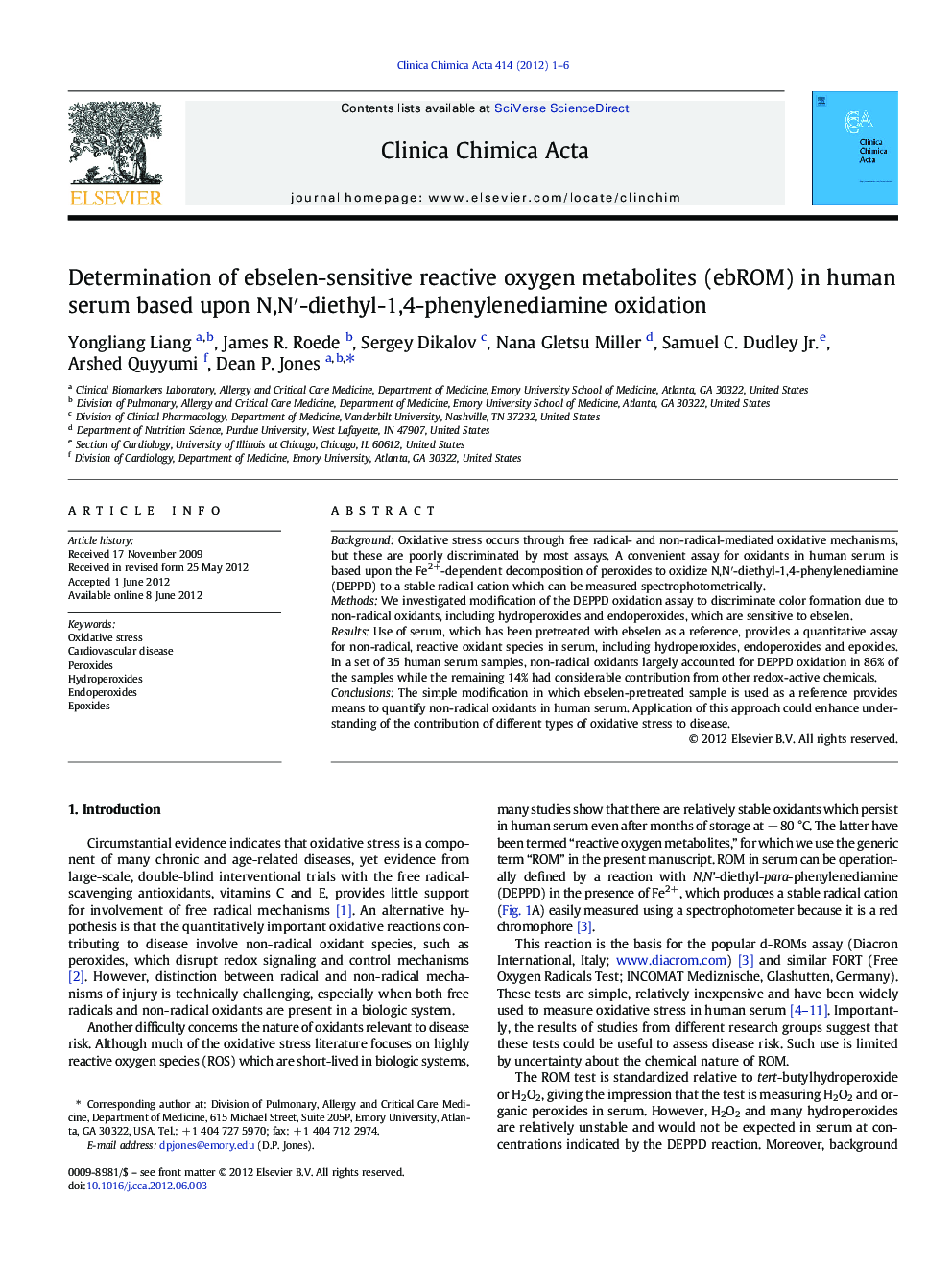 Determination of ebselen-sensitive reactive oxygen metabolites (ebROM) in human serum based upon N,Nâ²-diethyl-1,4-phenylenediamine oxidation