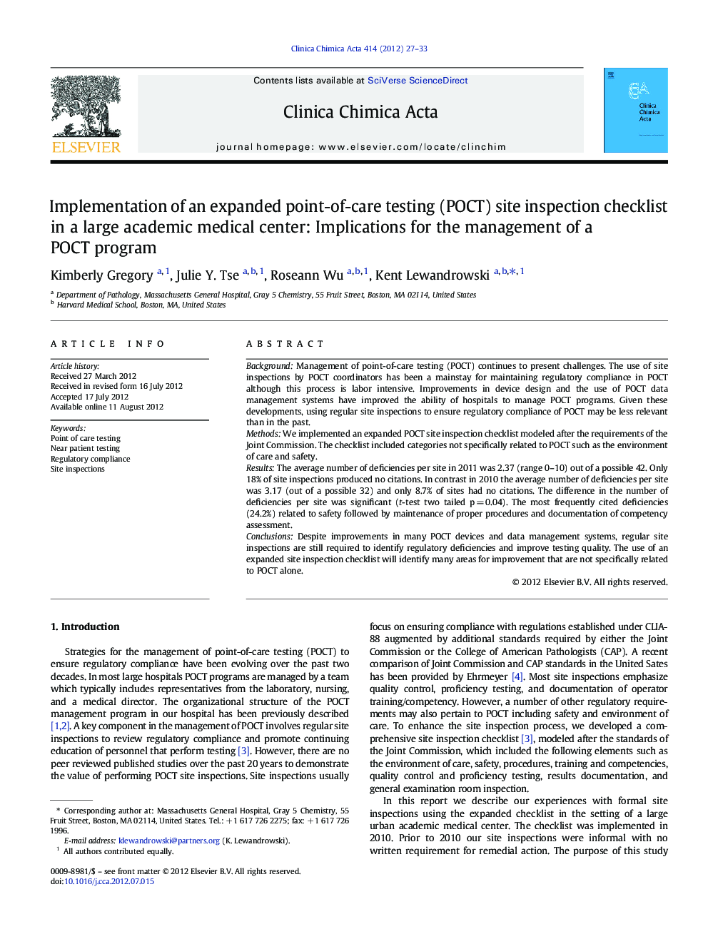 عکس صفحه اول مقاله: Implementation of an expanded point-of-care testing (POCT) site inspection checklist in a large academic medical center: Implications for the management of a POCT program Implementation of an expanded point-of-care testing (POCT) site inspection checklist in a large academic medical center: Implications for the management of a POCT program