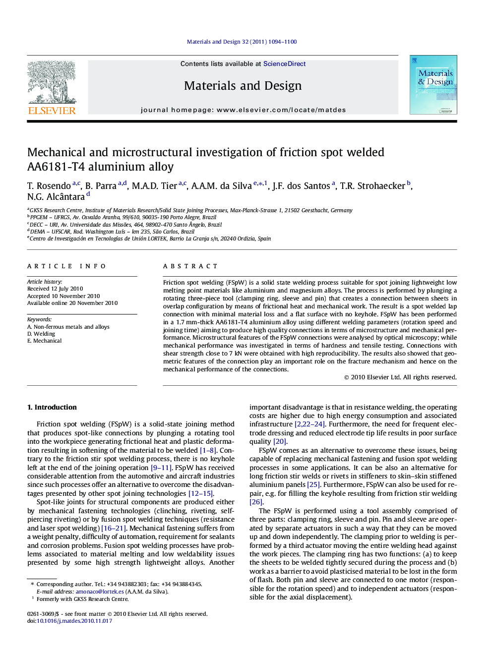 Mechanical and microstructural investigation of friction spot welded AA6181-T4 aluminium alloy