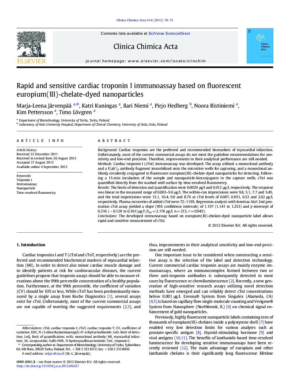 Rapid and sensitive cardiac troponin I immunoassay based on fluorescent europium(III)-chelate-dyed nanoparticles