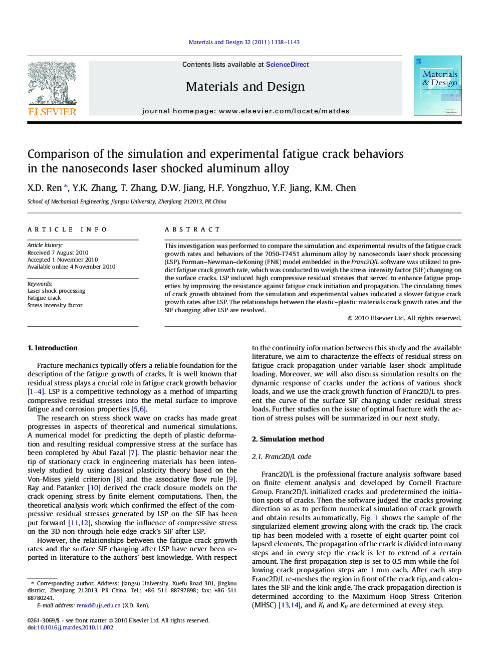 Comparison of the simulation and experimental fatigue crack behaviors in the nanoseconds laser shocked aluminum alloy