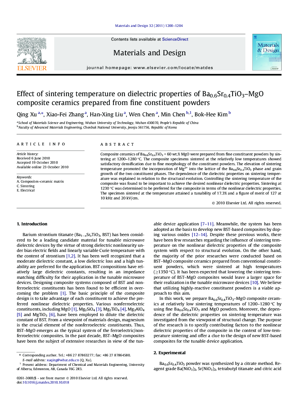 Effect of sintering temperature on dielectric properties of Ba0.6Sr0.4TiO3–MgO composite ceramics prepared from fine constituent powders