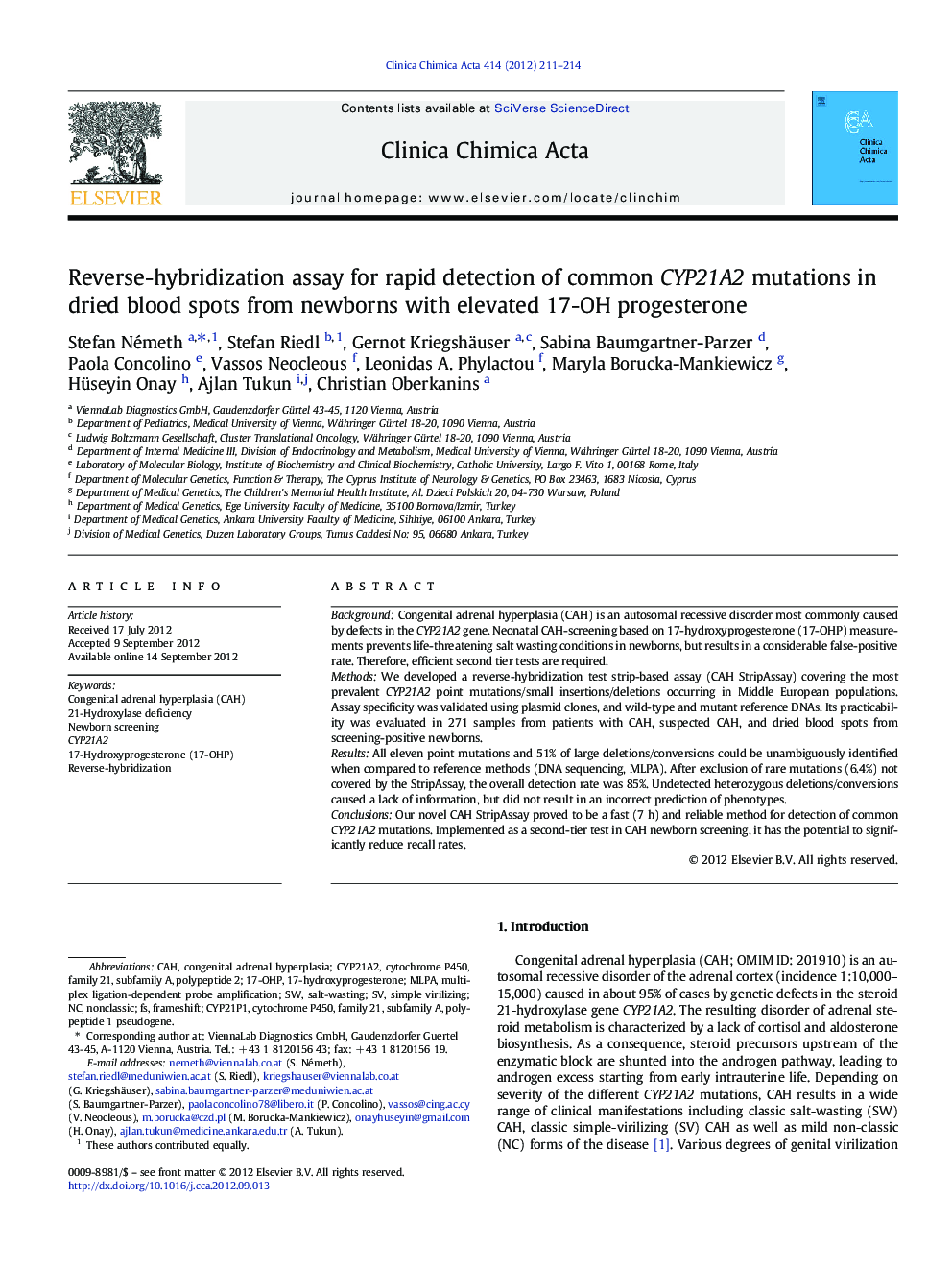 عکس صفحه اول مقاله: Reverse-hybridization assay for rapid detection of common CYP21A2 mutations in dried blood spots from newborns with elevated 17-OH progesterone Reverse-hybridization assay for rapid detection of common CYP21A2 mutations in dried blood spots from newborns with elevated 17-OH progesterone