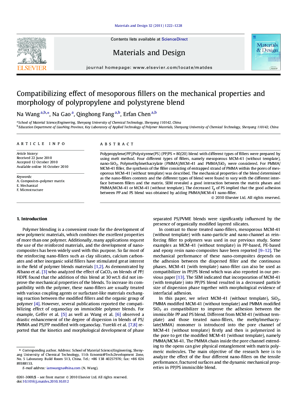 Compatibilizing effect of mesoporous fillers on the mechanical properties and morphology of polypropylene and polystyrene blend