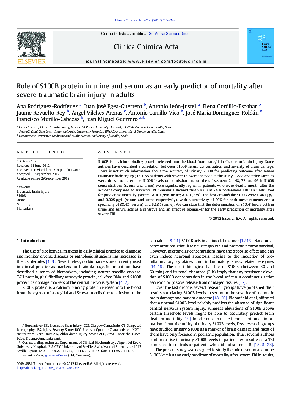 Role of S100B protein in urine and serum as an early predictor of mortality after severe traumatic brain injury in adults