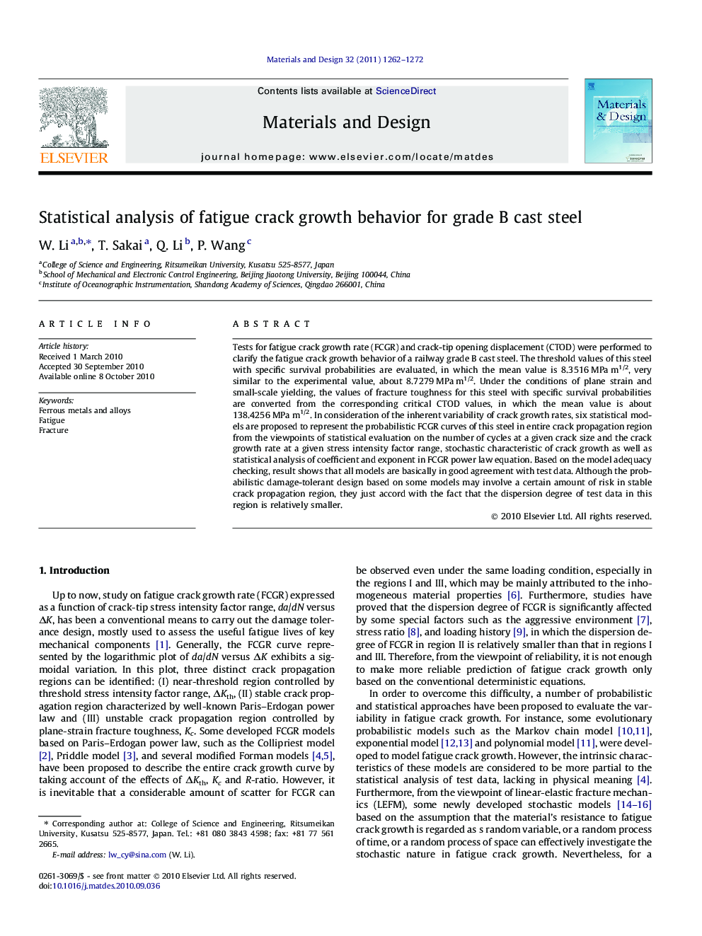 Statistical analysis of fatigue crack growth behavior for grade B cast steel