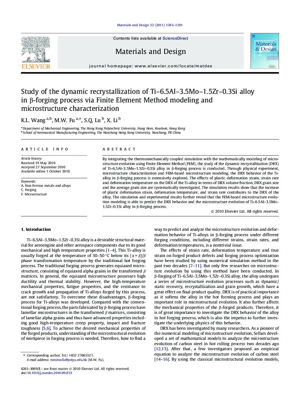 Study of the dynamic recrystallization of Ti–6.5Al–3.5Mo–1.5Zr–0.3Si alloy in β-forging process via Finite Element Method modeling and microstructure characterization