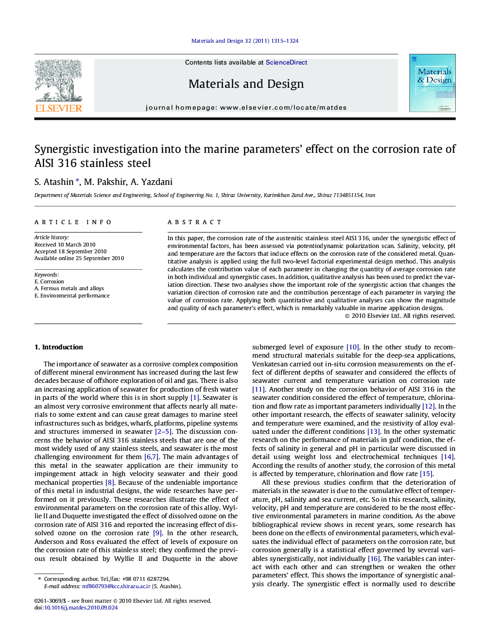 Synergistic investigation into the marine parameters’ effect on the corrosion rate of AISI 316 stainless steel