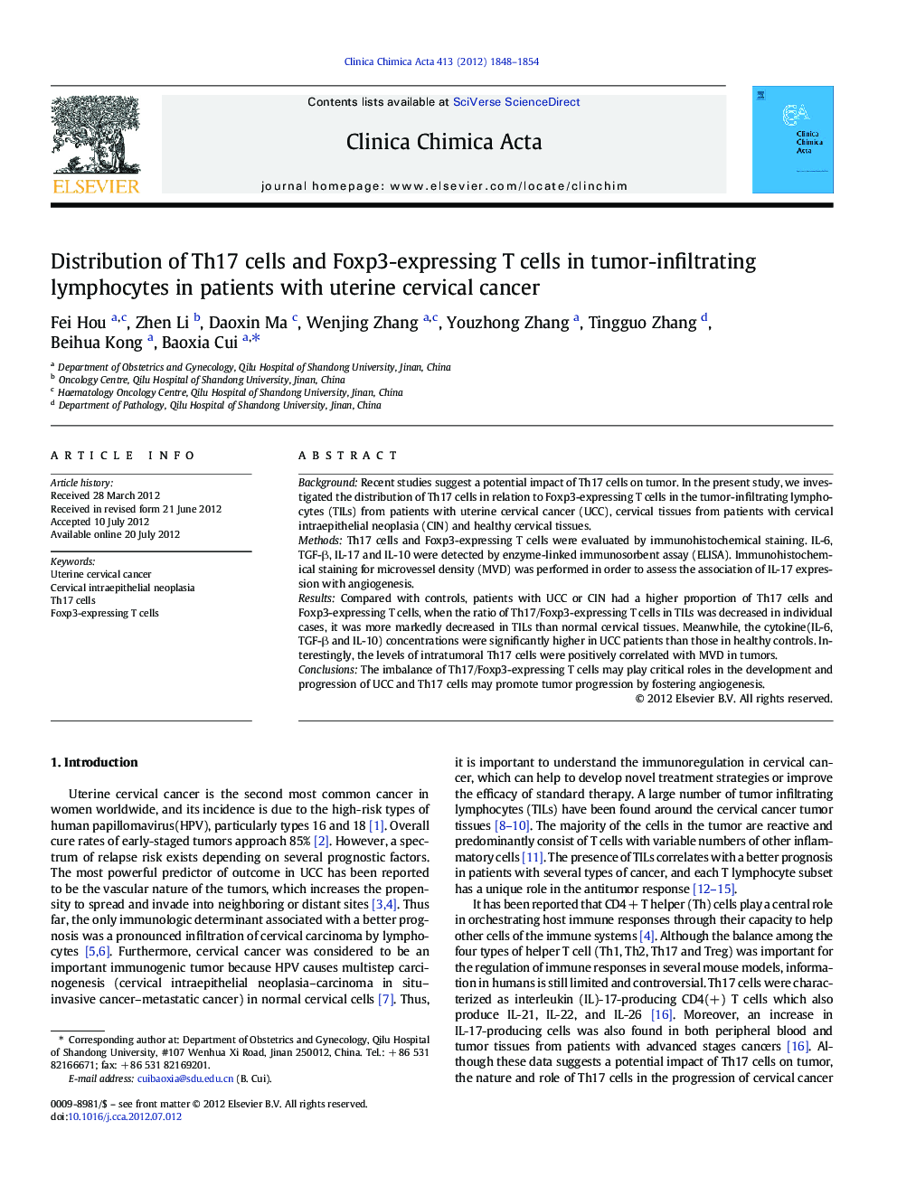 Distribution of Th17 cells and Foxp3-expressing T cells in tumor-infiltrating lymphocytes in patients with uterine cervical cancer