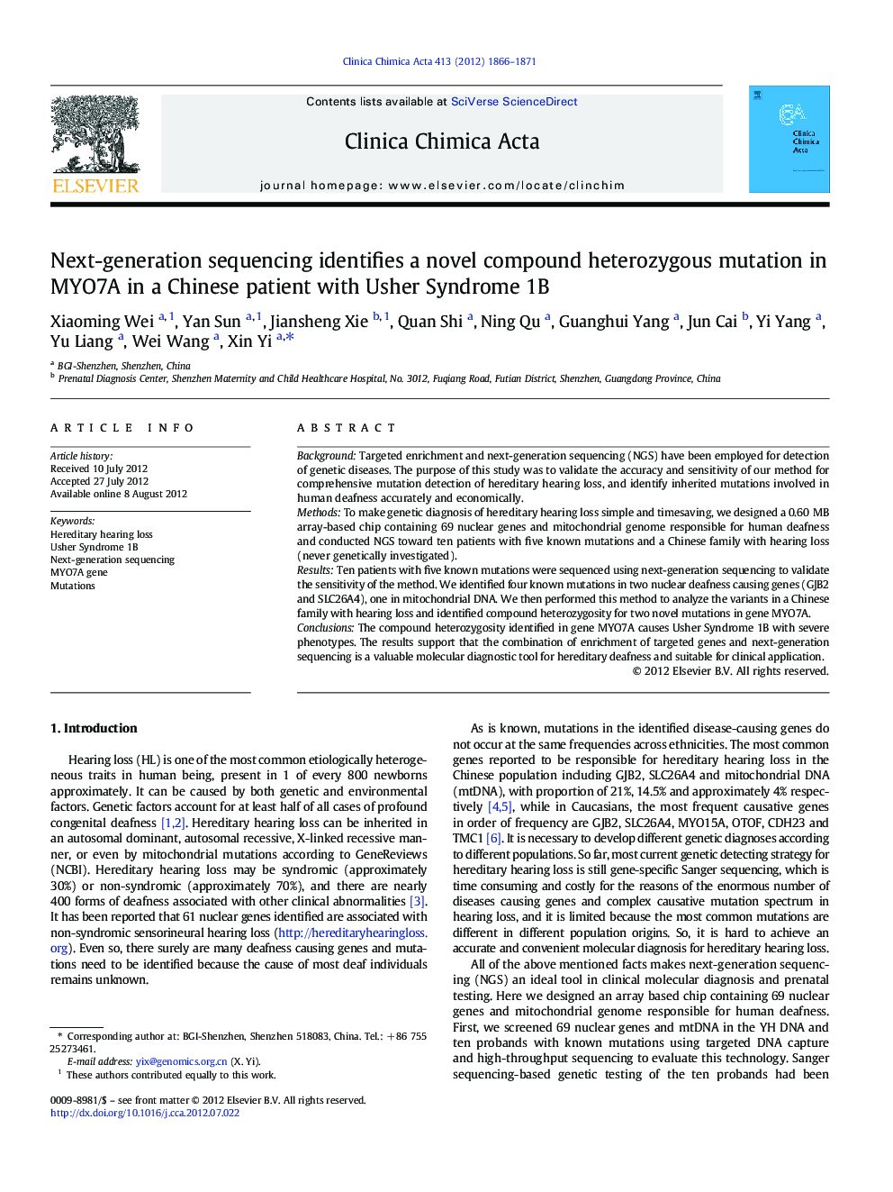 Next-generation sequencing identifies a novel compound heterozygous mutation in MYO7A in a Chinese patient with Usher Syndrome 1B