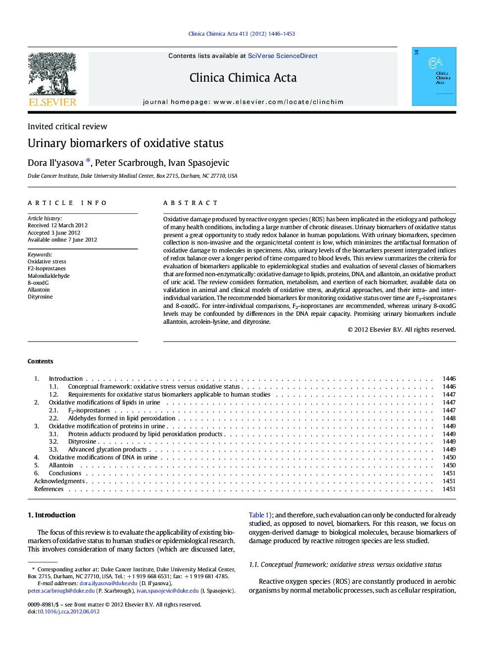 Urinary biomarkers of oxidative status