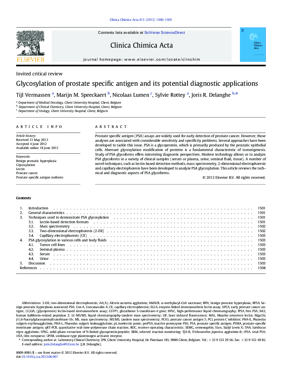 Glycosylation of prostate specific antigen and its potential diagnostic applications