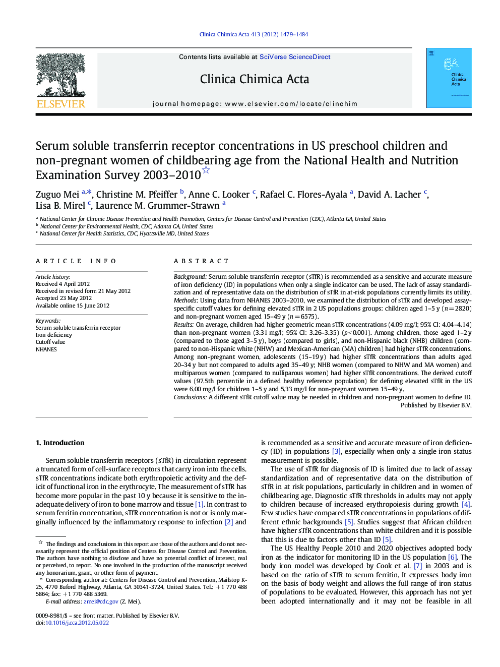 Serum soluble transferrin receptor concentrations in US preschool children and non-pregnant women of childbearing age from the National Health and Nutrition Examination Survey 2003-2010