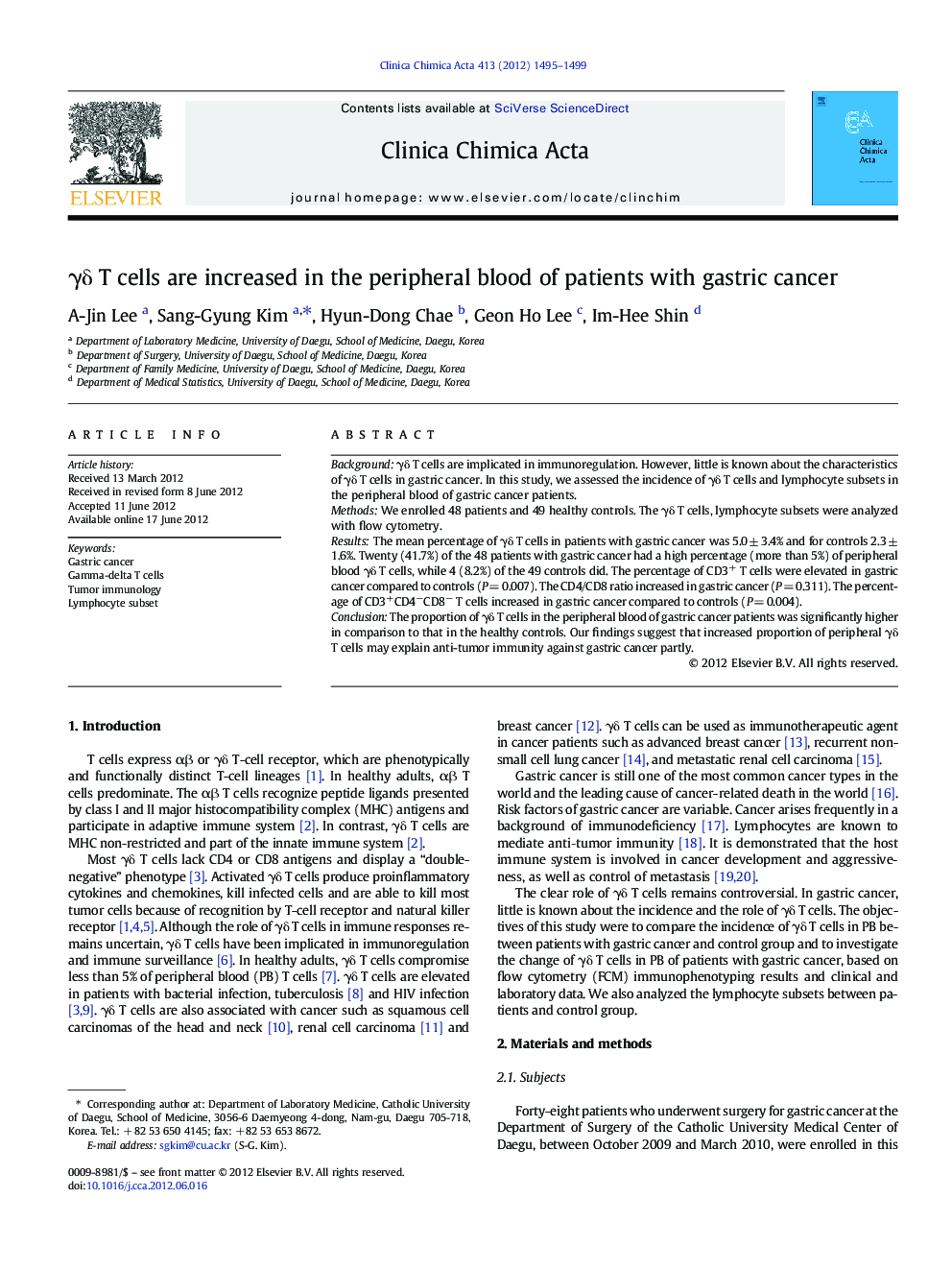 Î³Î´ T cells are increased in the peripheral blood of patients with gastric cancer