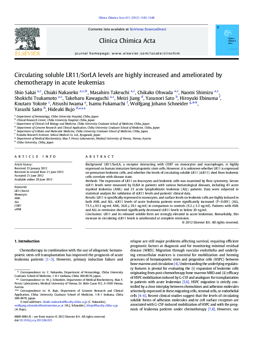 Circulating soluble LR11/SorLA levels are highly increased and ameliorated by chemotherapy in acute leukemias