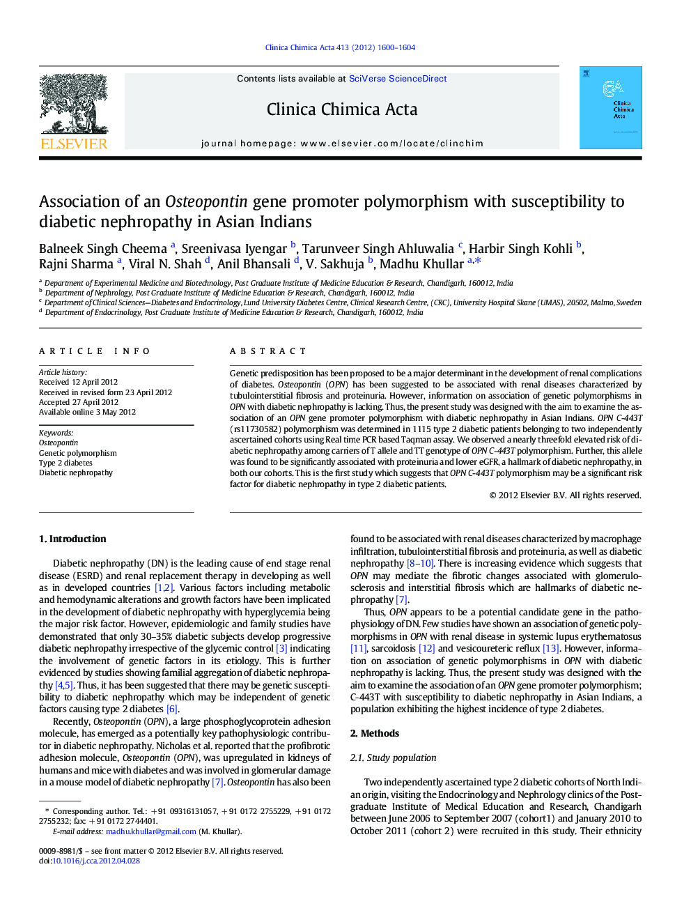 Association of an Osteopontin gene promoter polymorphism with susceptibility to diabetic nephropathy in Asian Indians