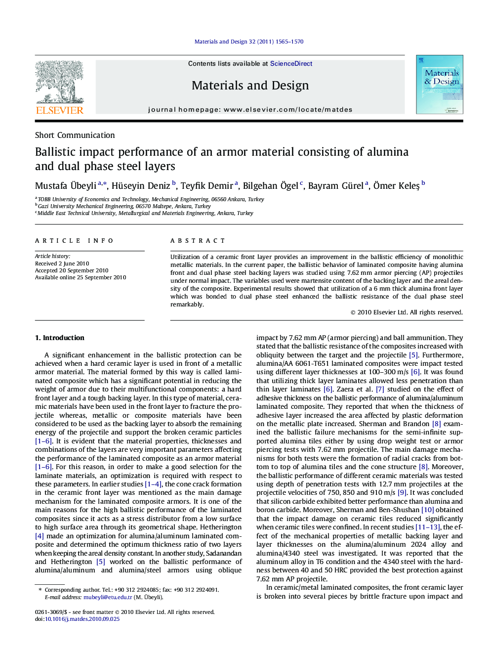 Ballistic impact performance of an armor material consisting of alumina and dual phase steel layers