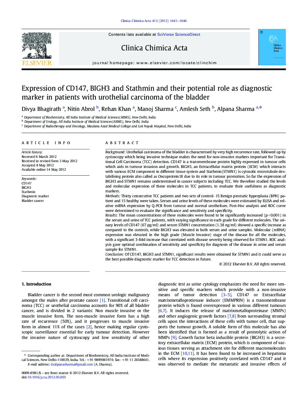 Expression of CD147, BIGH3 and Stathmin and their potential role as diagnostic marker in patients with urothelial carcinoma of the bladder