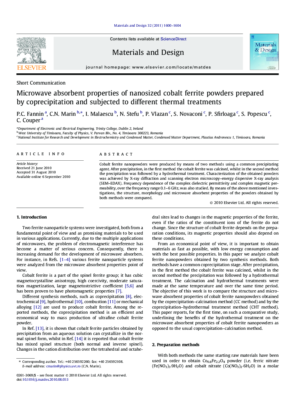 Microwave absorbent properties of nanosized cobalt ferrite powders prepared by coprecipitation and subjected to different thermal treatments