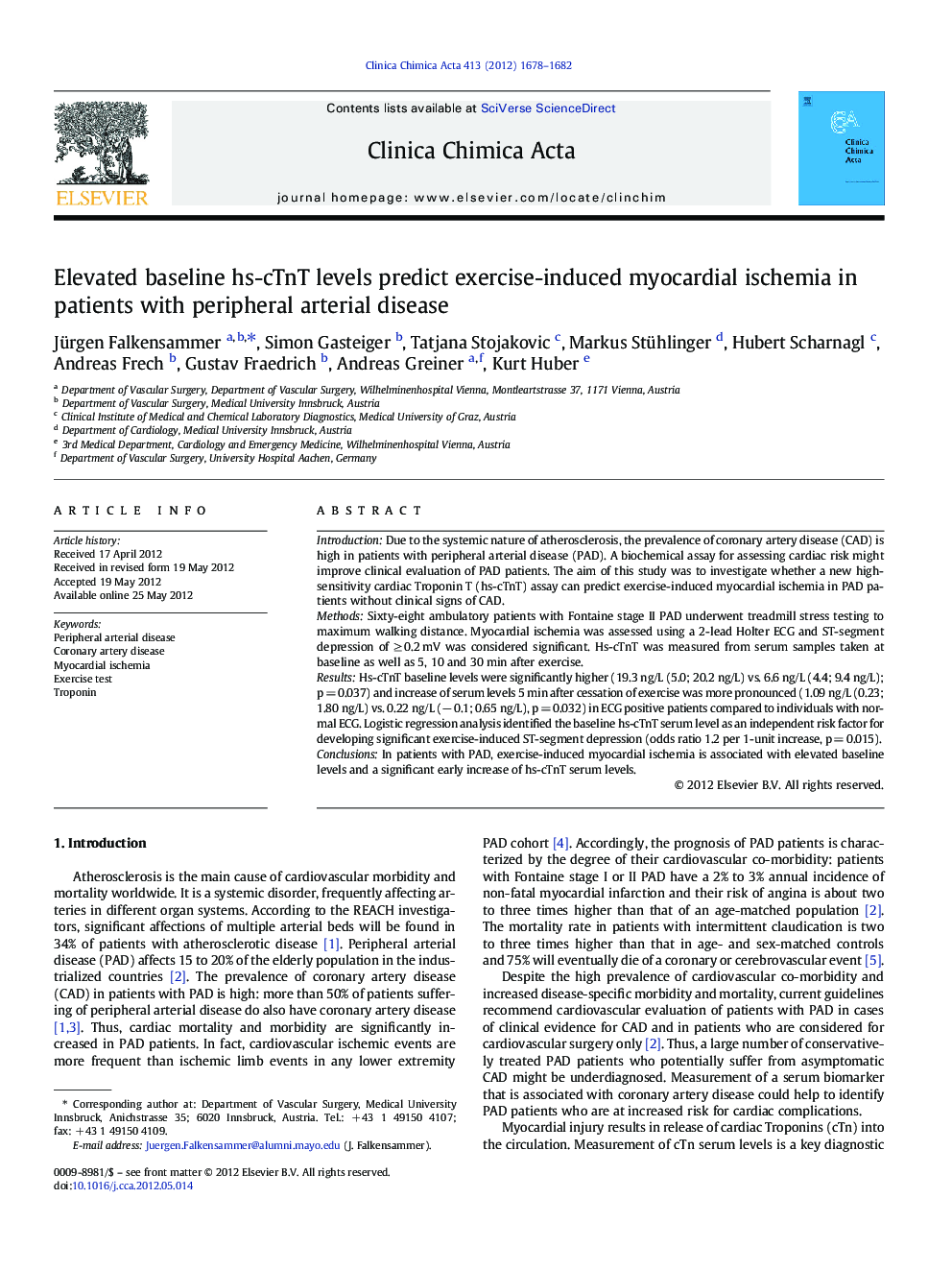 Elevated baseline hs-cTnT levels predict exercise-induced myocardial ischemia in patients with peripheral arterial disease