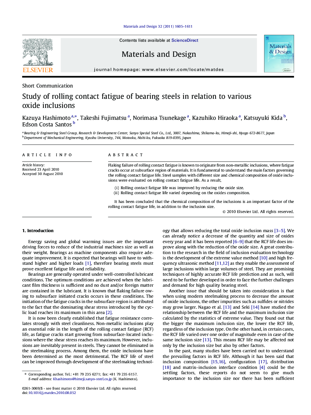 Study of rolling contact fatigue of bearing steels in relation to various oxide inclusions