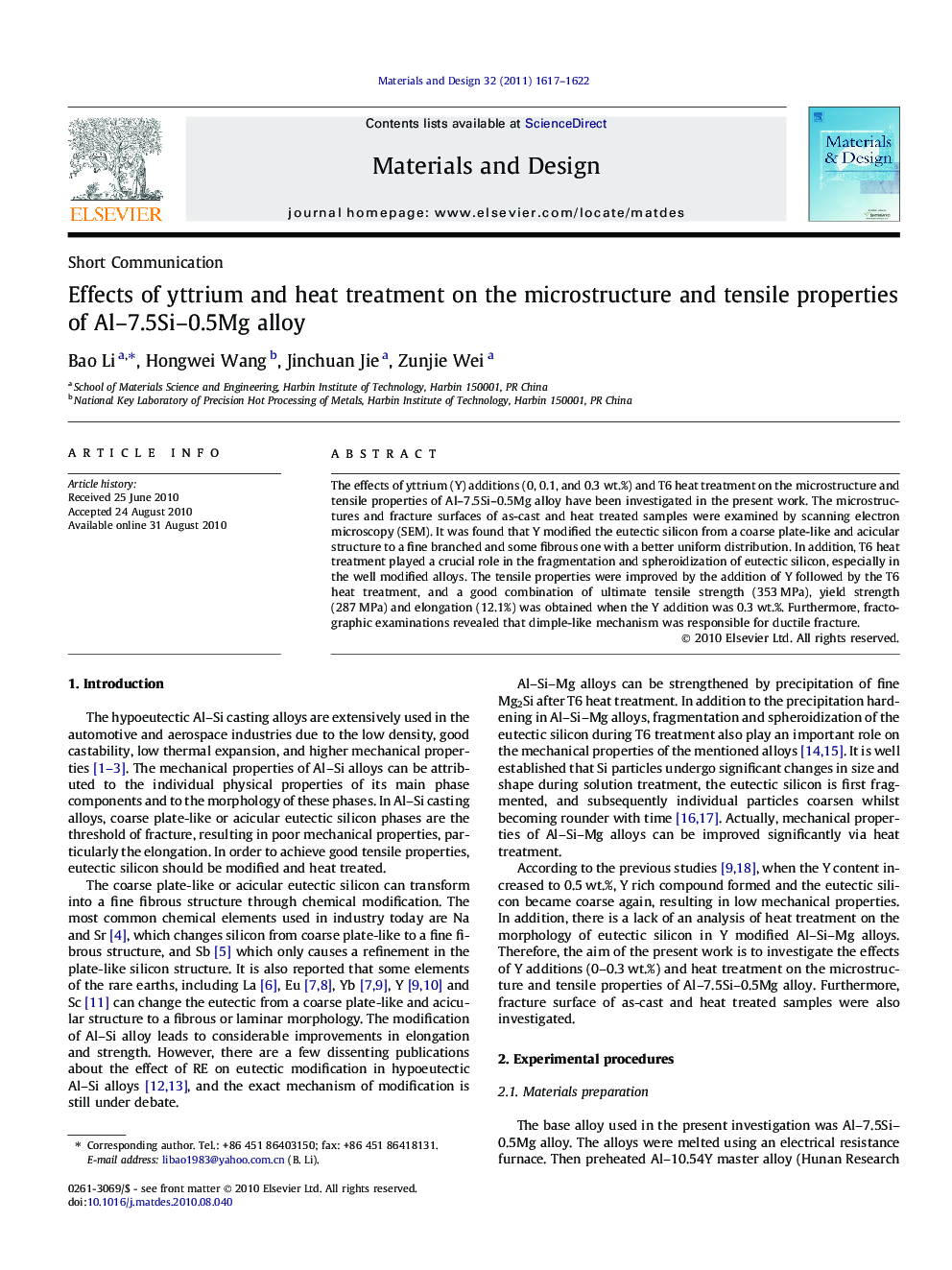 Effects of yttrium and heat treatment on the microstructure and tensile properties of Al–7.5Si–0.5Mg alloy