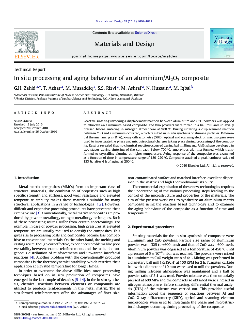 In situ processing and aging behaviour of an aluminium/Al2O3 composite