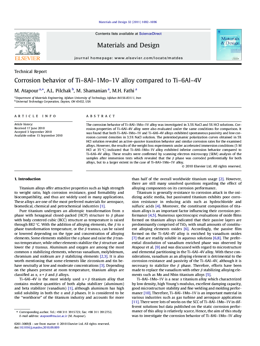 Corrosion behavior of Ti–8Al–1Mo–1V alloy compared to Ti–6Al–4V