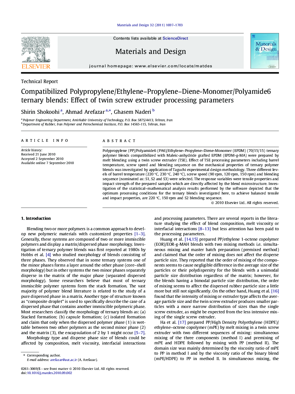 Compatibilized Polypropylene/Ethylene–Propylene–Diene-Monomer/Polyamide6 ternary blends: Effect of twin screw extruder processing parameters