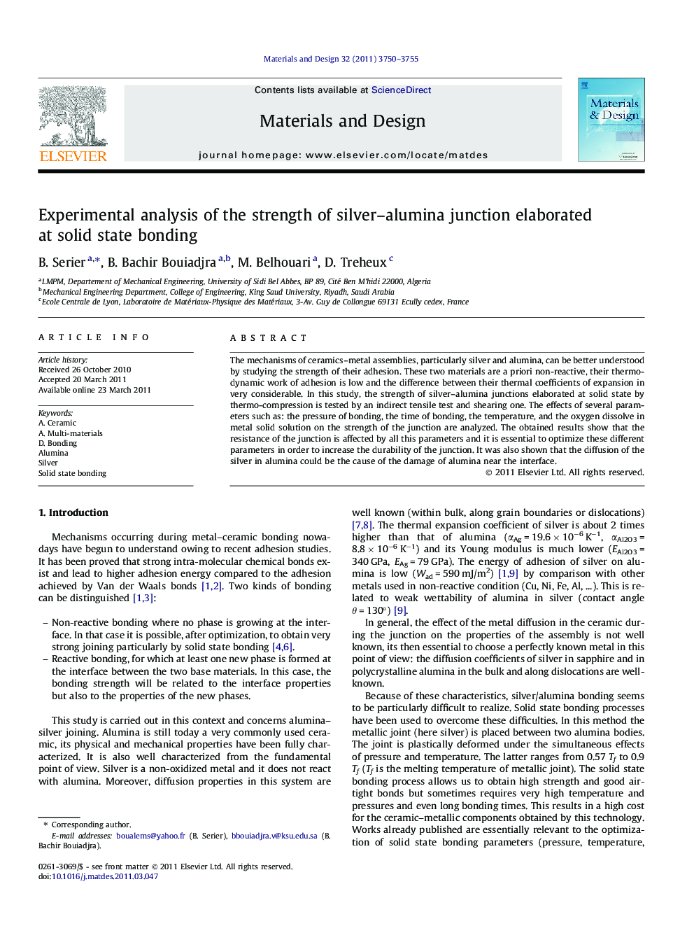 Experimental analysis of the strength of silver–alumina junction elaborated at solid state bonding