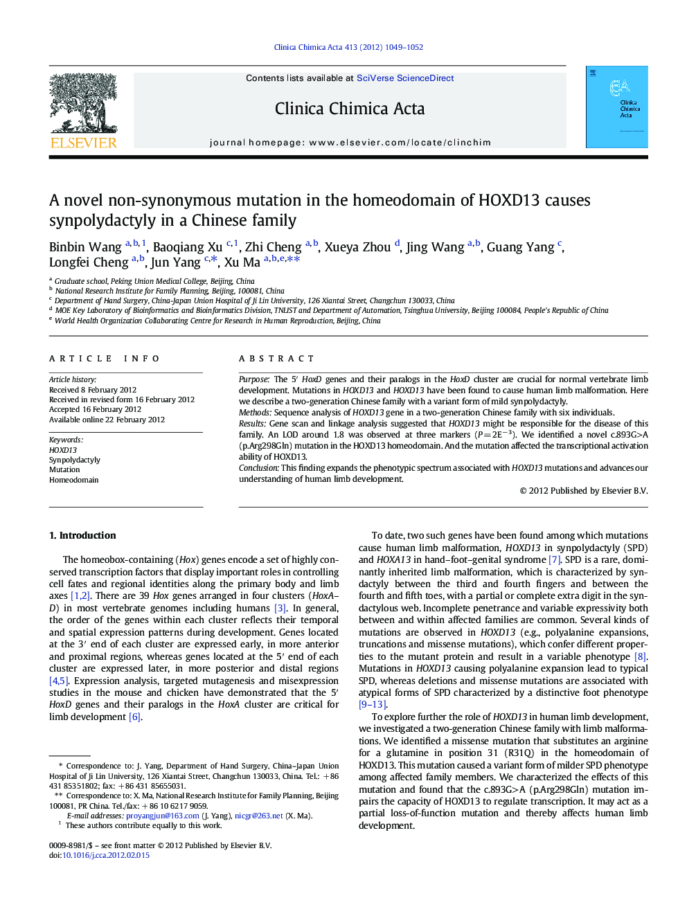 A novel non-synonymous mutation in the homeodomain of HOXD13 causes synpolydactyly in a Chinese family