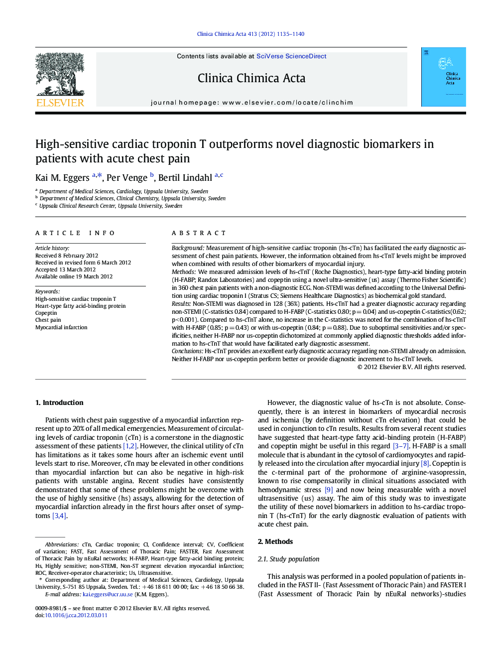 High-sensitive cardiac troponin T outperforms novel diagnostic biomarkers in patients with acute chest pain