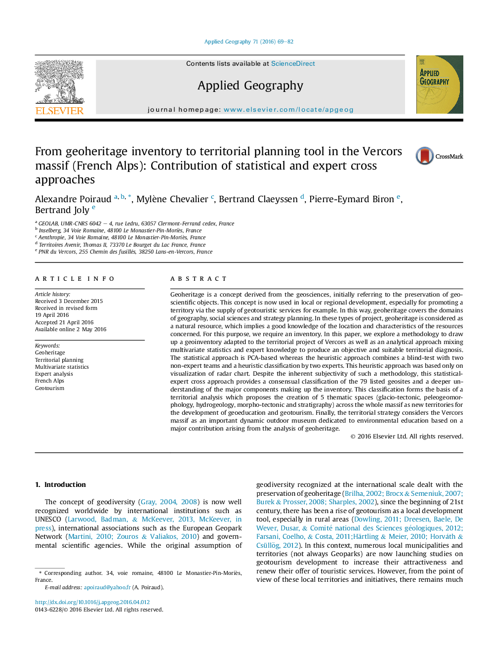 From geoheritage inventory to territorial planning tool in the Vercors massif (French Alps): Contribution of statistical and expert cross approaches