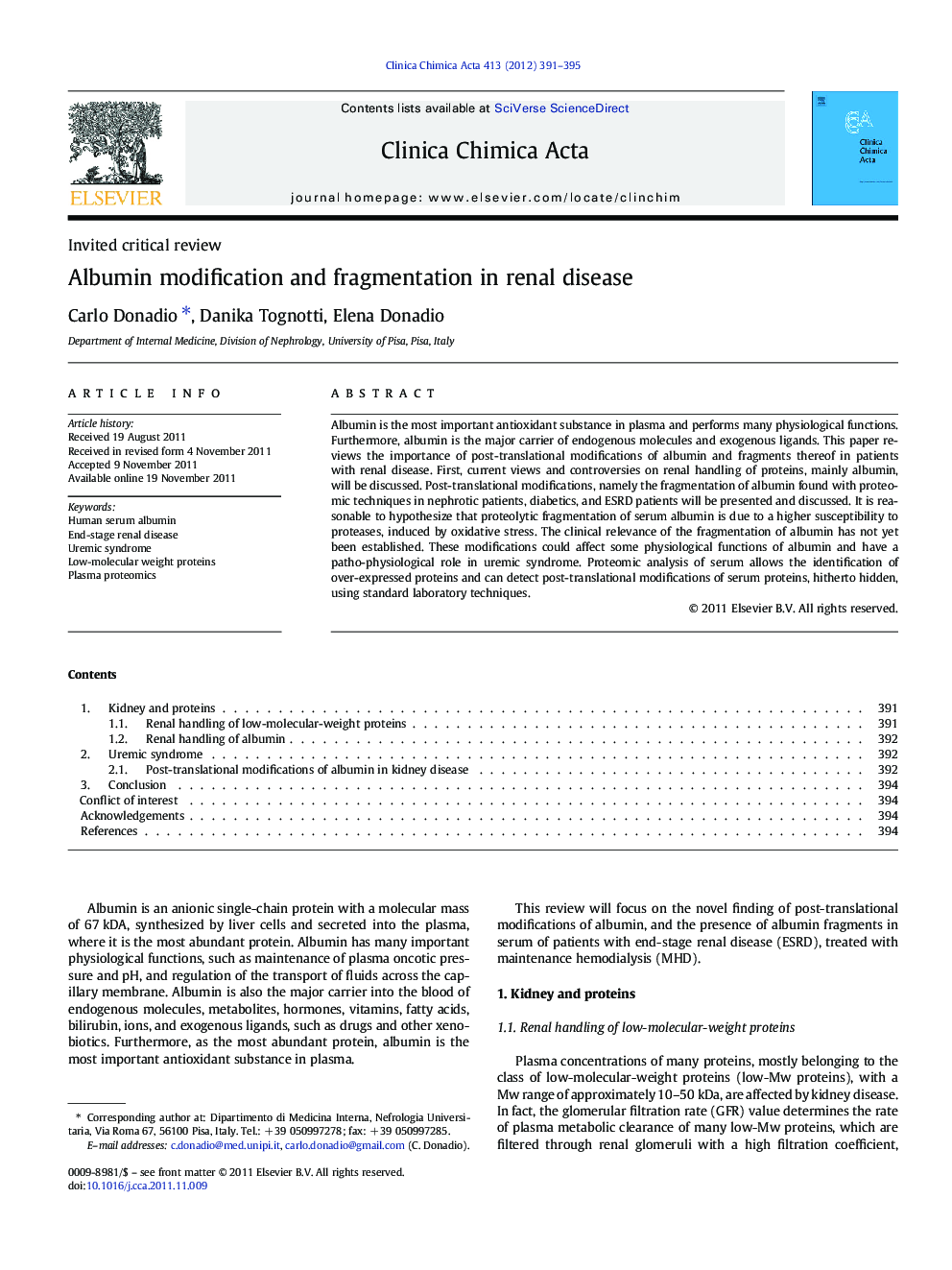 Albumin modification and fragmentation in renal disease