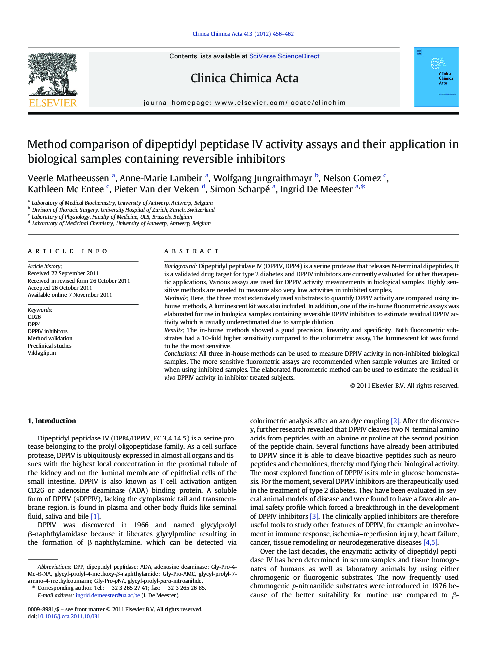 Method comparison of dipeptidyl peptidase IV activity assays and their application in biological samples containing reversible inhibitors