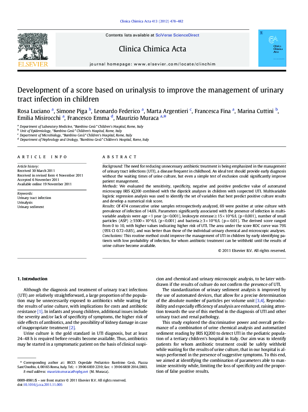 Development of a score based on urinalysis to improve the management of urinary tract infection in children