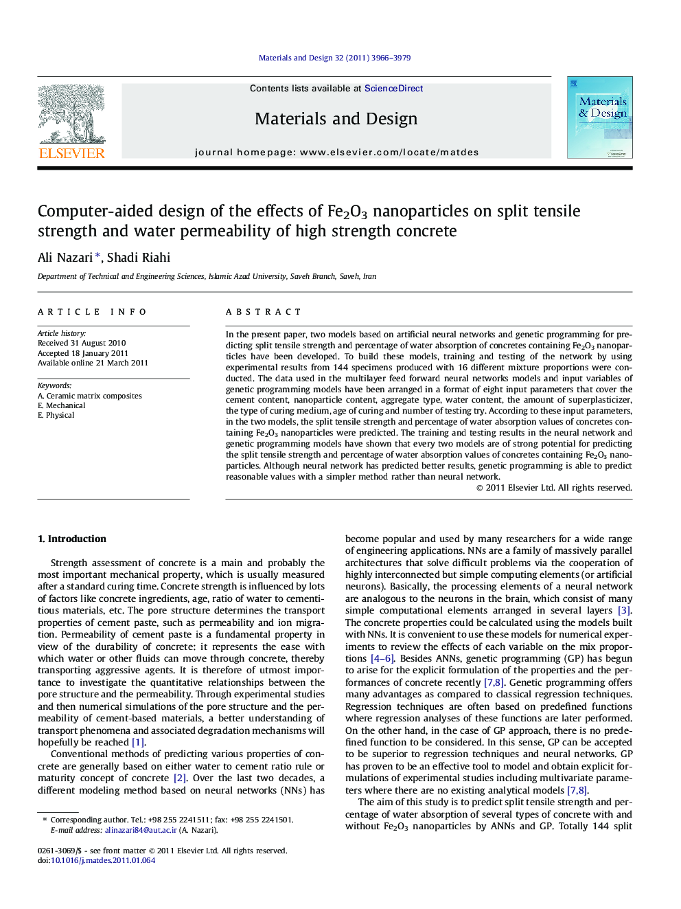 Computer-aided design of the effects of Fe2O3 nanoparticles on split tensile strength and water permeability of high strength concrete