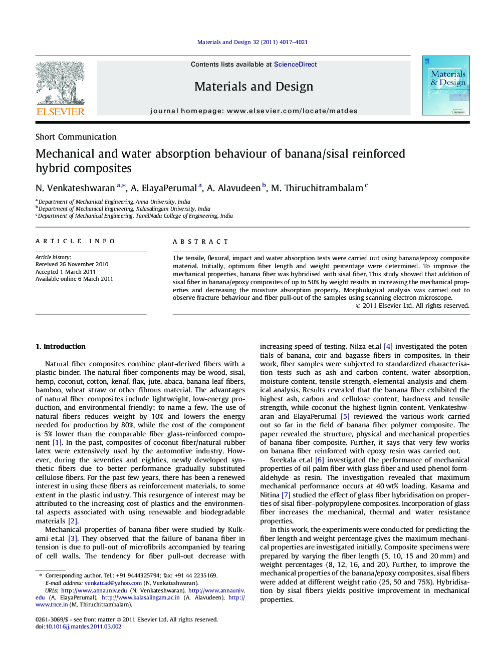 Mechanical and water absorption behaviour of banana/sisal reinforced hybrid composites