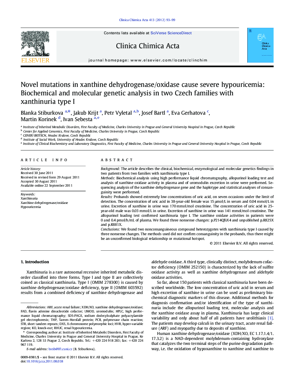 Novel mutations in xanthine dehydrogenase/oxidase cause severe hypouricemia: Biochemical and molecular genetic analysis in two Czech families with xanthinuria type I