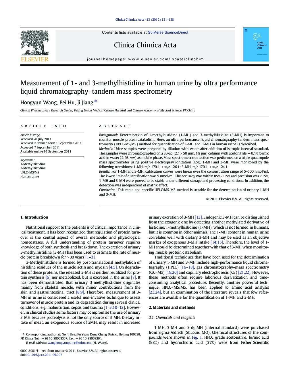 Measurement of 1- and 3-methylhistidine in human urine by ultra performance liquid chromatography-tandem mass spectrometry