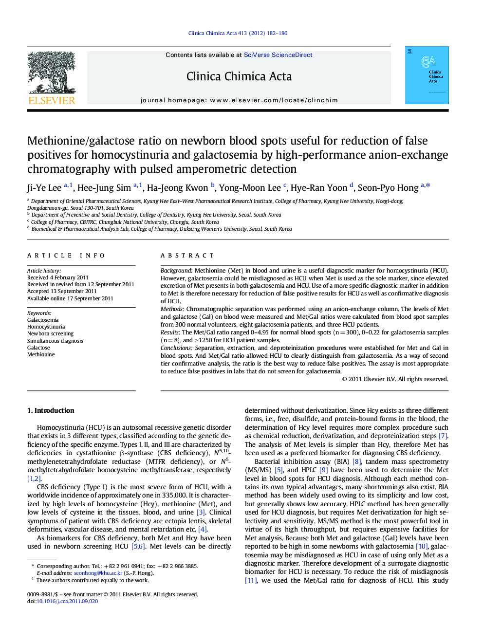 Methionine/galactose ratio on newborn blood spots useful for reduction of false positives for homocystinuria and galactosemia by high-performance anion-exchange chromatography with pulsed amperometric detection