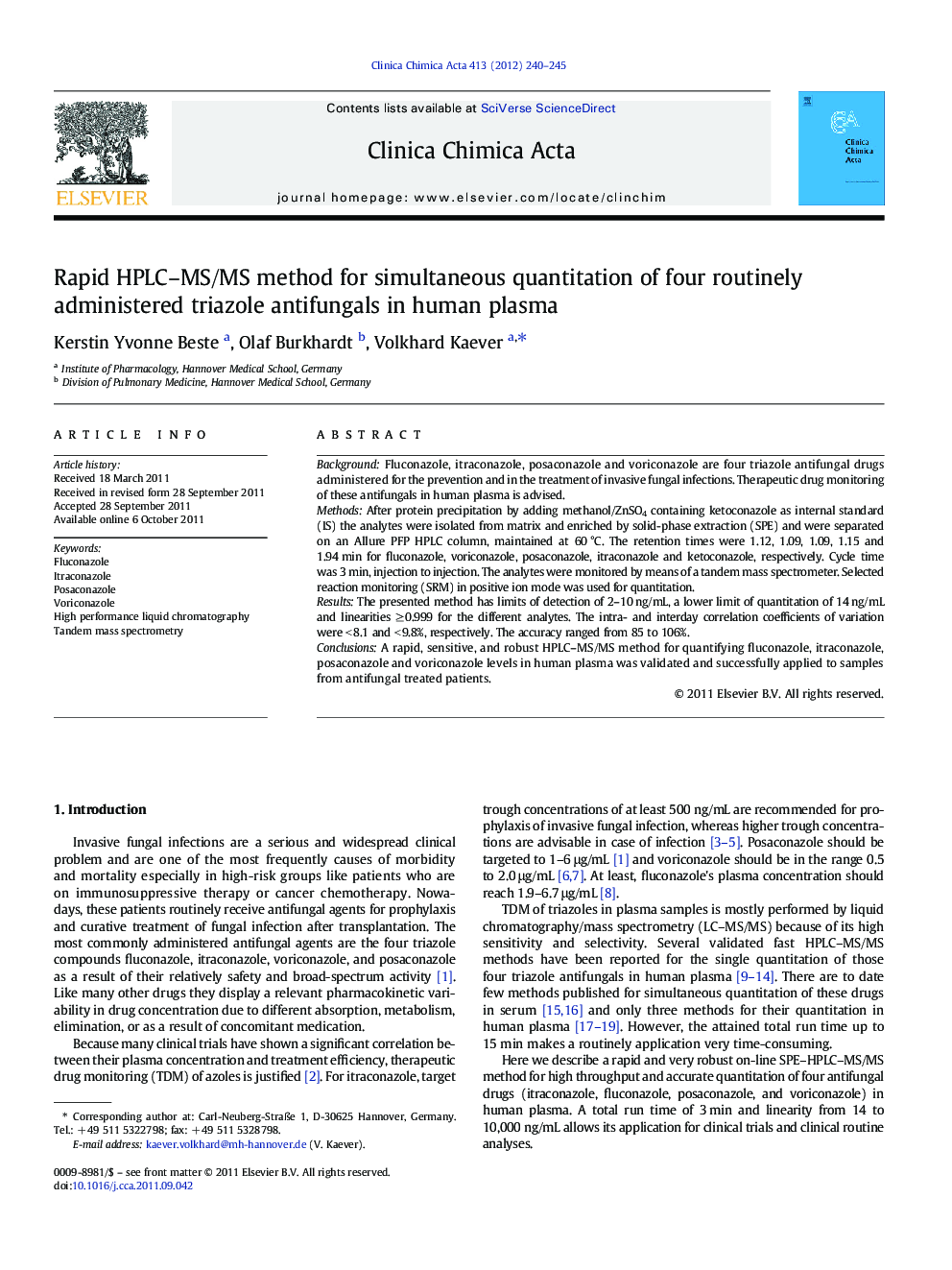 Rapid HPLC-MS/MS method for simultaneous quantitation of four routinely administered triazole antifungals in human plasma