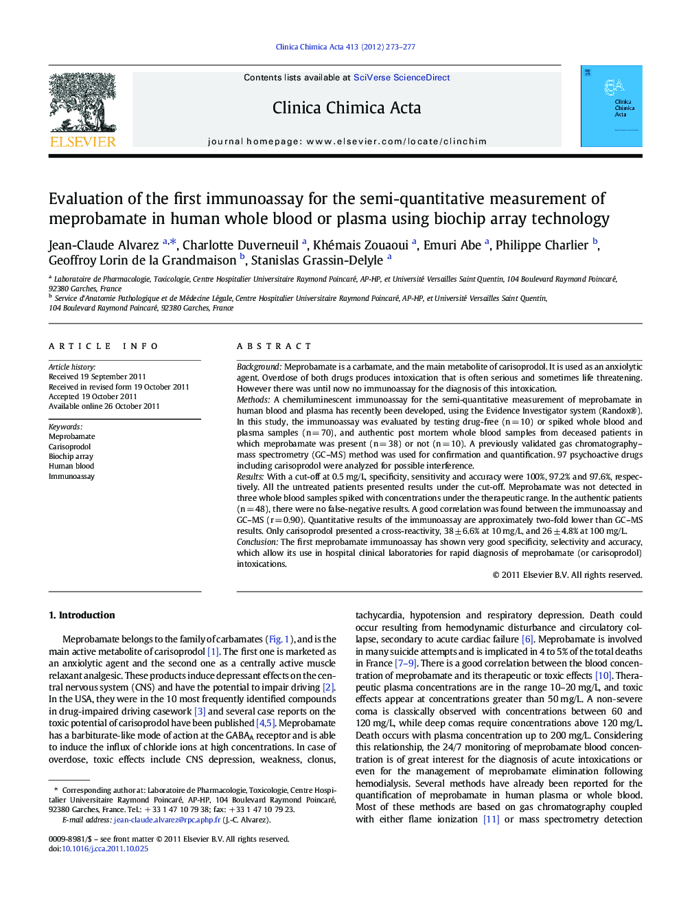 Evaluation of the first immunoassay for the semi-quantitative measurement of meprobamate in human whole blood or plasma using biochip array technology