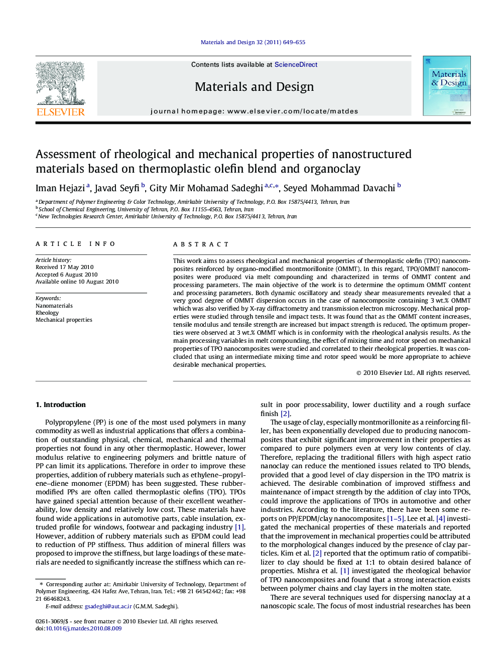 Assessment of rheological and mechanical properties of nanostructured materials based on thermoplastic olefin blend and organoclay