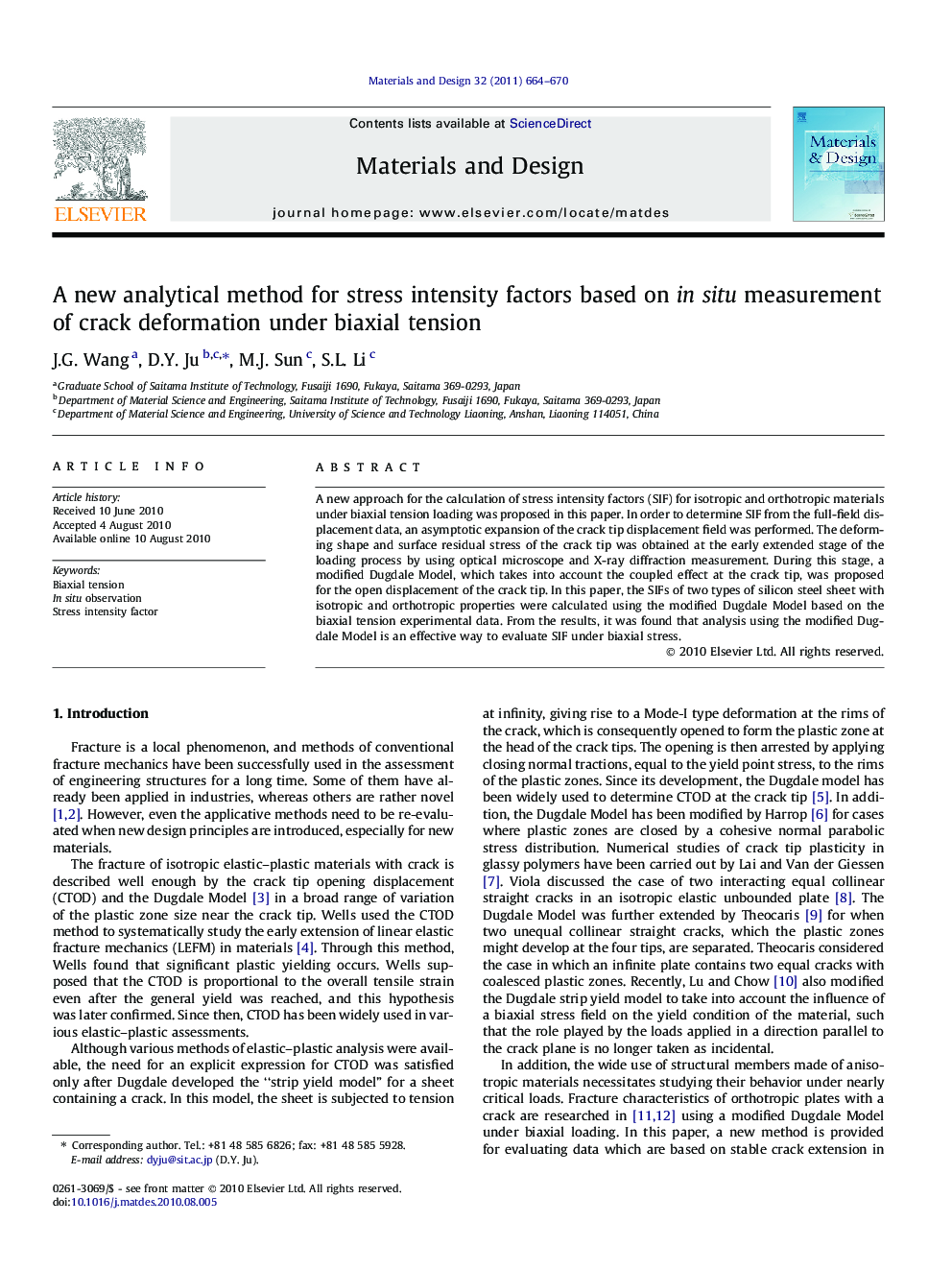 A new analytical method for stress intensity factors based on insitu measurement of crack deformation under biaxial tension