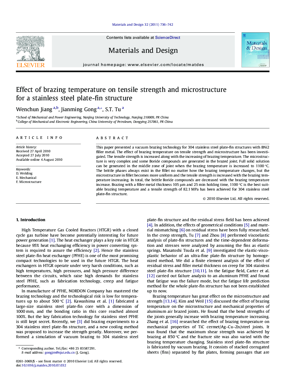 Effect of brazing temperature on tensile strength and microstructure for a stainless steel plate-fin structure