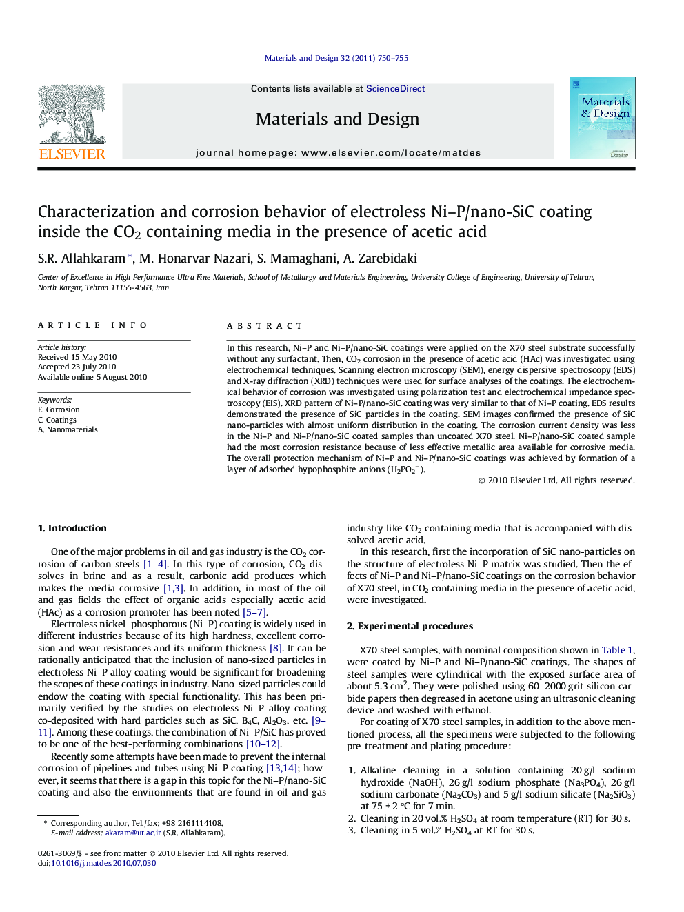 Characterization and corrosion behavior of electroless Ni–P/nano-SiC coating inside the CO2 containing media in the presence of acetic acid