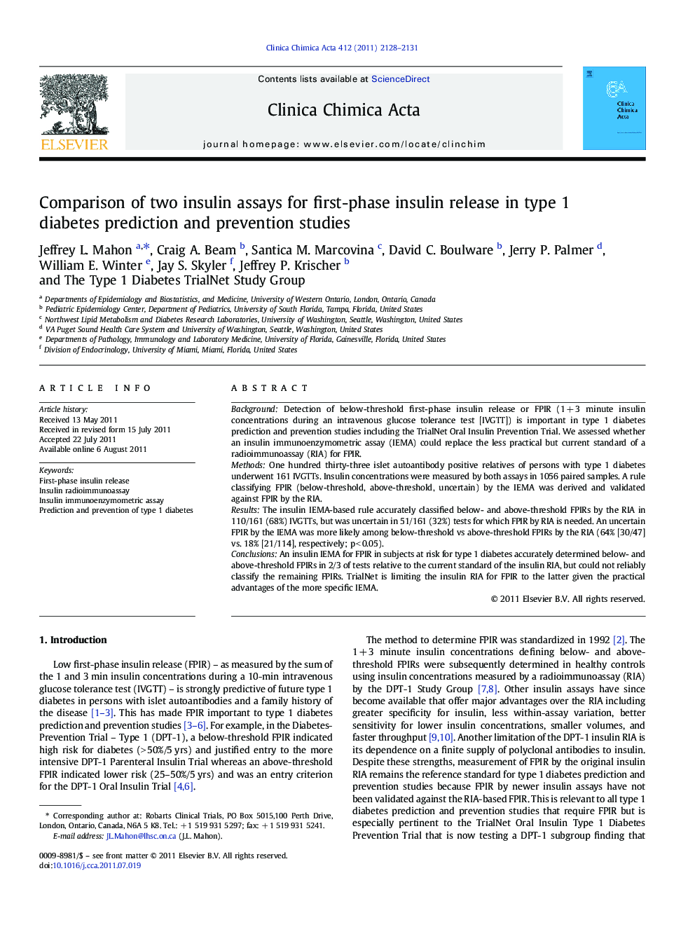 Comparison of two insulin assays for first-phase insulin release in type 1 diabetes prediction and prevention studies