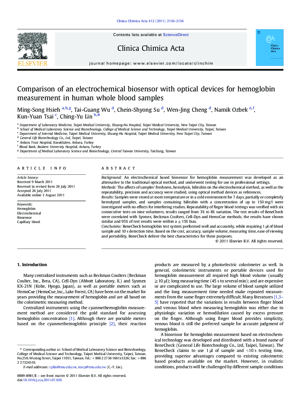 Comparison of an electrochemical biosensor with optical devices for hemoglobin measurement in human whole blood samples