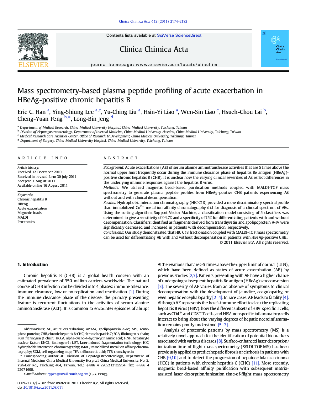 Mass spectrometry-based plasma peptide profiling of acute exacerbation in HBeAg-positive chronic hepatitis B